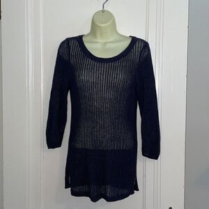 Talbots navy blue loose weave long‎ sweater with 3/4 sleeves